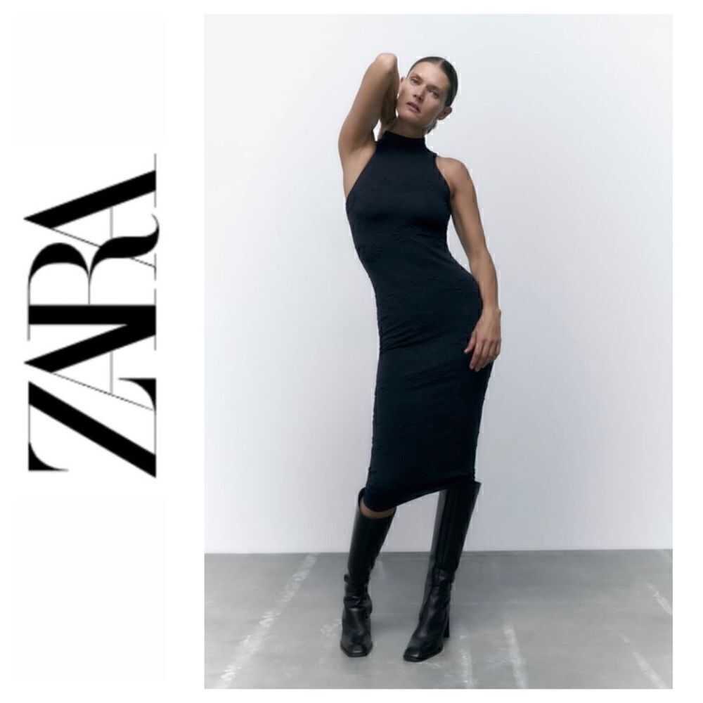 NWOT Zara Black Jacquard Mock Neck Sleeveless Midi Dress, Size Small